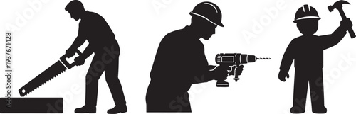 Black silhouettes of construction workers using various hand tools