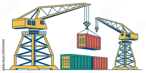 Cranes are lifting a container on a construction site Vector
