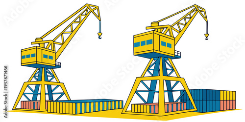 Two large yellow cranes on a dock with shipping containers Vector