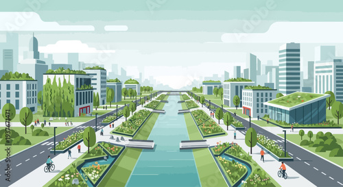 Sustainable city landscape with green roofs, canals, and modern architecture.