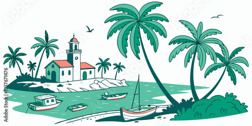 A tropical island with a church and boats Vector