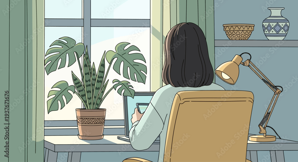 Fototapeta premium Woman working on laptop at desk with plants and lamp, natural light from window