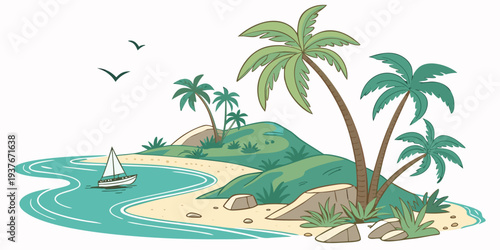 A small island with palm trees and a sailboat Vector