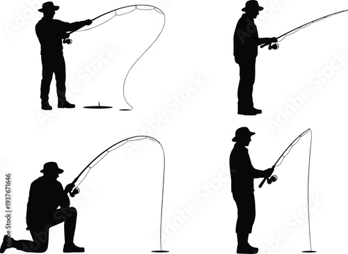 Silhouette ice fishing poses, winter activity, outdoor sport, fishing rod action, cold weather lifestyle, expedition art, frozen lake, recreation design
