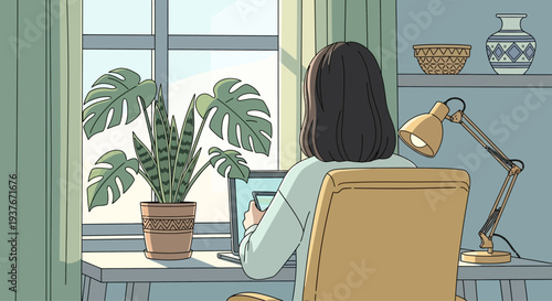 Woman working on laptop at desk with plants and lamp, natural light from window