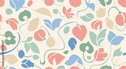 Whimsical Floral Pattern: Pastel Spring Flowers and Leaves on Creamy Background