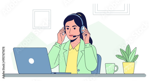 Woman with headset working on laptop at desk, customer service, remote work, office environment