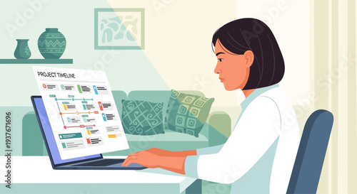 Woman working on project timeline on laptop at home office, planning and strategy