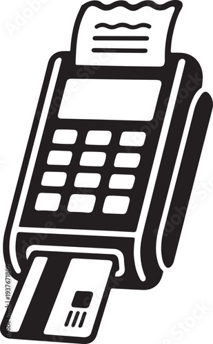 Black and white illustration of a pos terminal with a credit card inserted