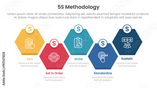 5S methodology infographic concept for slide presentation with diamond honeycomb up and down right direction with 5 point list with flat style