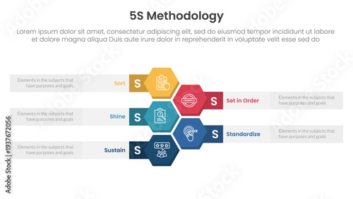 5S methodology infographic concept for slide presentation with honeycomb or hexagon vertical with 5 point list with flat style