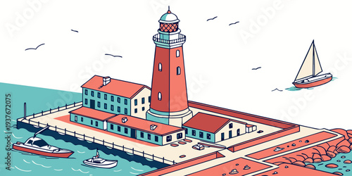 A pixelated lighthouse on a pier with boats and a sailboat Vector