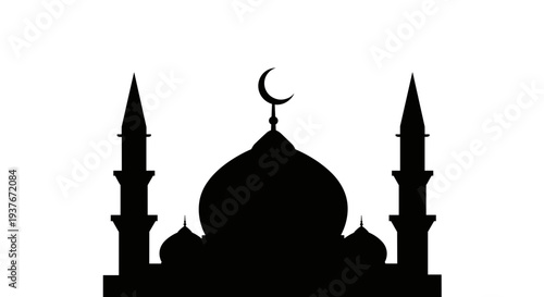 Islamic Mosque Silhouette with Crescent Moon Symbol.