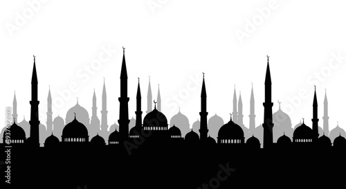 Silhouette of Mosque Minarets and Domes Against White Background.