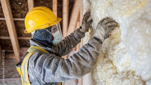Wallpaper Mural Worker applies foam insulation in a building under construction in the afternoon Torontodigital.ca