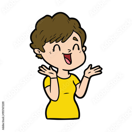 happy woman with brown hair in yellow shirt shrugging her shoulders