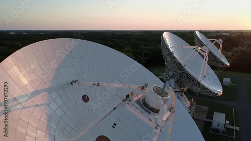 A trio of large radio telescopes point to the sky at twilight, trees in background