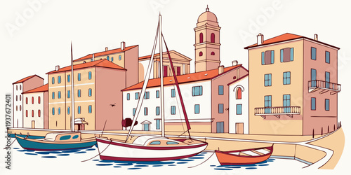 A small town by the sea with boats in the harbor Vector