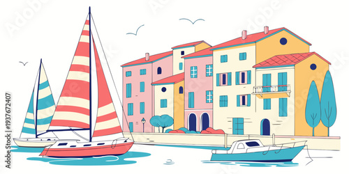 A colorful illustration of a sailboat by buildings Vector