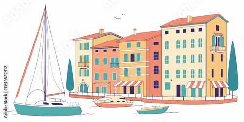 A colorful illustration of a european harbor town Vector
