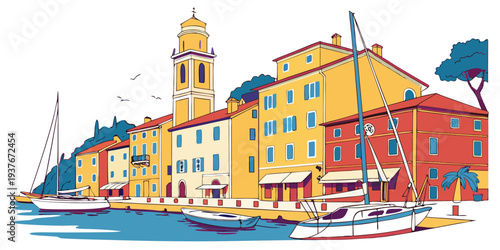 A colorful illustration of a european harbor town Vector