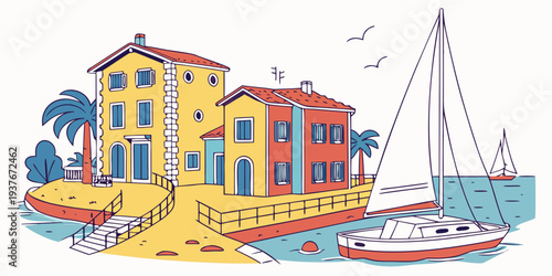 A colorful illustration of a beachside town with a sailboat Vector