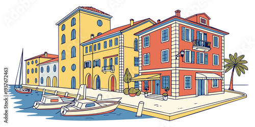 A colorful illustration of a european harbor town Vector