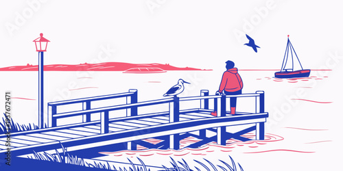 A person sits on a pier looking out at a sailboat Vector
