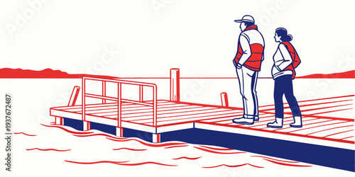 Two people standing on a dock looking out at the water Vector