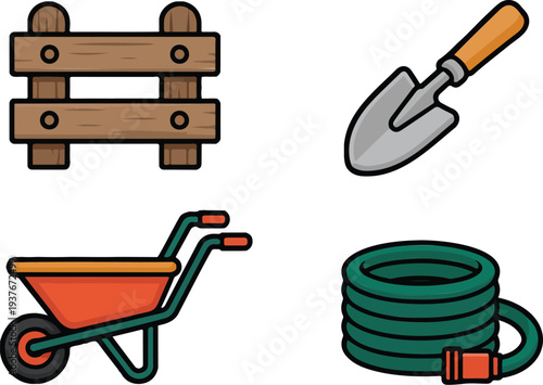 Garden themed sticker set with wooden fence hand trowel scarecrow wheelbarrow and coiled garden hose 