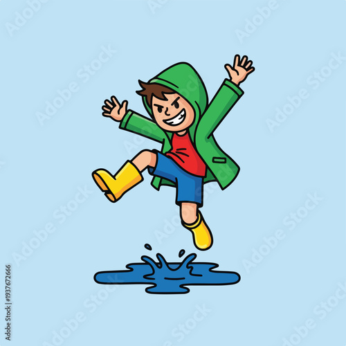 Happy child jumping in puddle on rainy day with green jacket