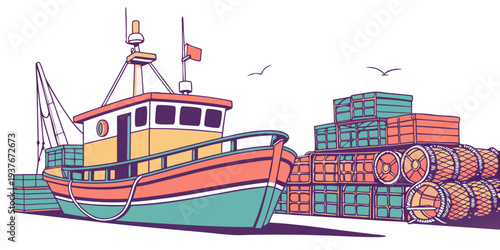 A boat is docked next to a stack of shipping containers Vector