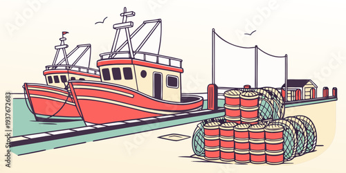 A red boat is docked next to a pile of crates Vector