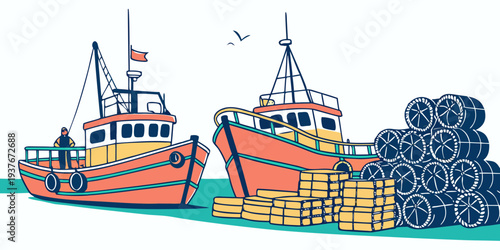 Two boats are sitting on the water next to a dock Vector