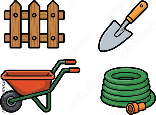Garden themed sticker set with wooden fence hand trowel scarecrow wheelbarrow and coiled garden hose 
