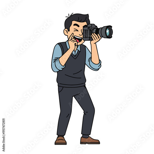 Man taking picture with camera standing isolated on white background