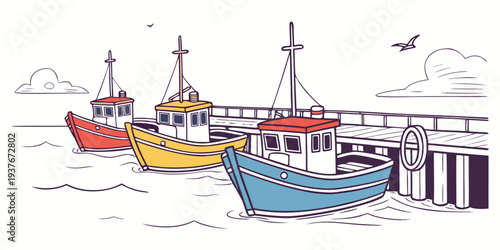 Boats are moored at a dock by the sea Vector