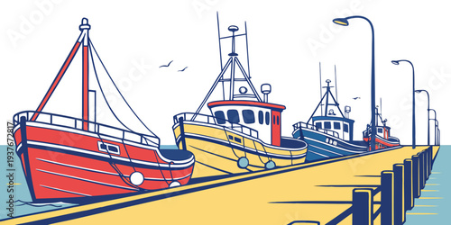 Boats are moored at a dock by the water Vector