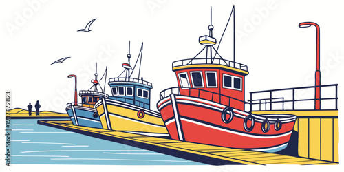 A red and blue boat sitting on a dock Vector