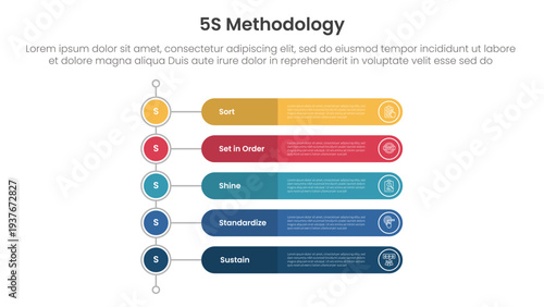 5S methodology infographic concept for slide presentation with vertical timeline style with round rectangle shape with 5 point list with flat style