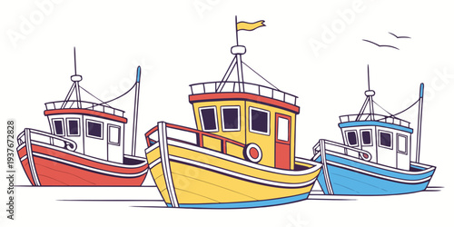 Three colorful boats are docked at a pier Vector