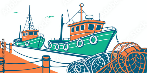 Fishing boats docked at a harbor with orange and green hues Vector