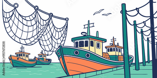 Boats are moored at a dock with fishing nets Vector
