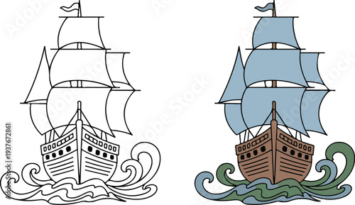 Side View Sailing Ship Vector Illustration in Minimal Outline Style with Ocean Travel and Nautical Theme