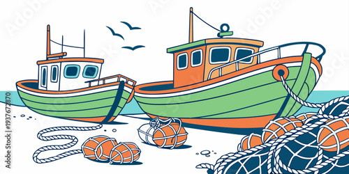 Two green and orange fishing boats on the water with nets and buoys Vector