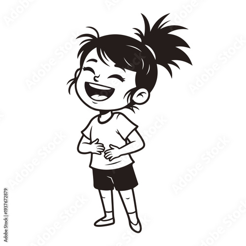 Cartoon girl laughing with hands on stomach in casual wear