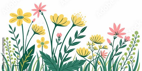 A colorful illustration of flowers and grass Vector