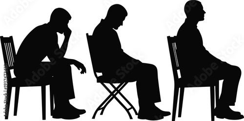 A man in three different poses while sitting in a chair, representing deep thought, sadness, and boredom. Vector illustration for emotional and psychological themes.