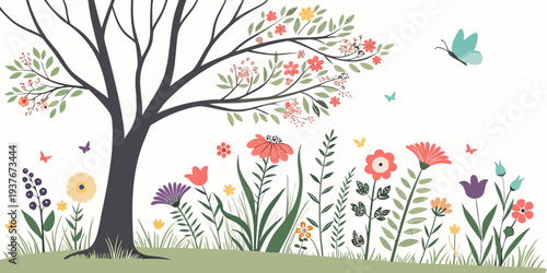 A tree and flowers in a field with a butterfly Vector