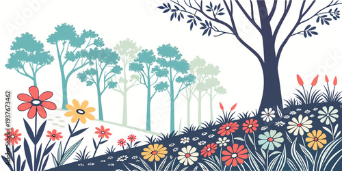 A colorful illustration of a tree and flowers on a hillside Vector